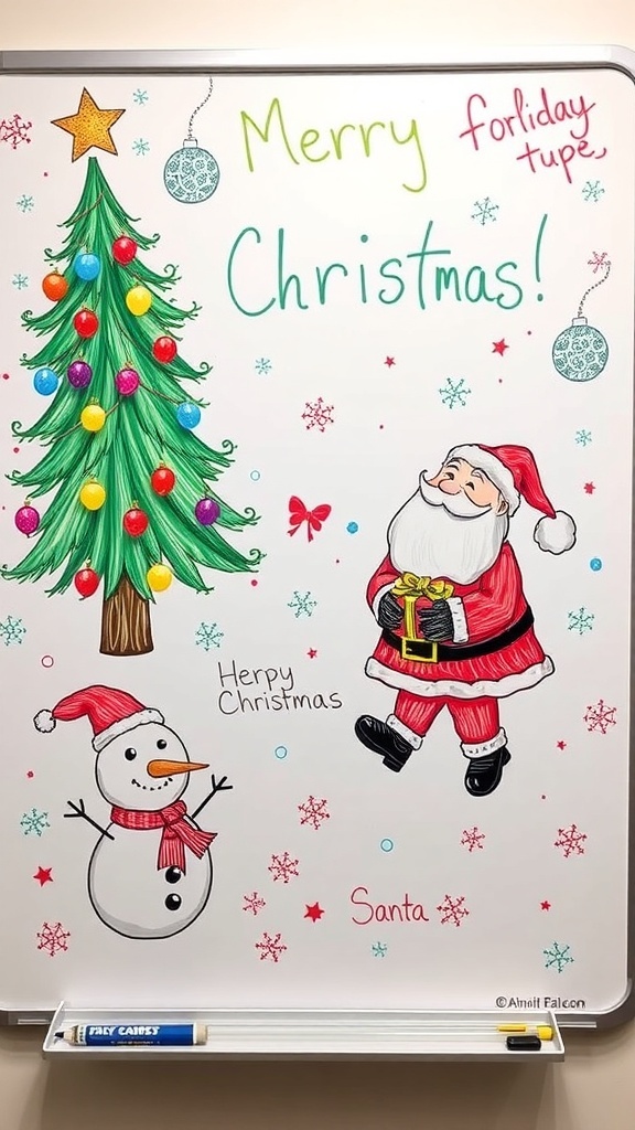 Colorful Christmas drawings on a whiteboard, including a tree, snowman, and Santa.